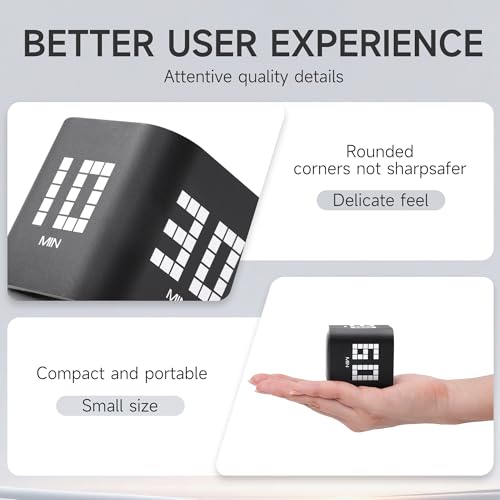 Rotating Productivity Timer, 5, 10, 30, 60 Minute Presets, Desk Cube | Gravity sensor with mute function; ADHD-friendly for work, study, kitchen and back to school - color: Blackb