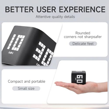 Rotating Productivity Timer, 5, 10, 30, 60 Minute Presets, Desk Cube | Gravity sensor with mute function; ADHD-friendly for work, study, kitchen and back to school - color: Blackb