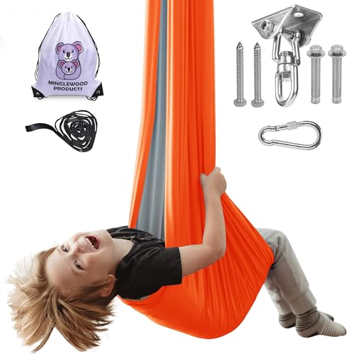 MINGLEWOOD Sensory Swing Bundle – 360° Swivel Hanger – Complete Set for Children – Special Needs: Anxiety, ADHD, Autism & Sensory Disorders - color: Orange/Gray