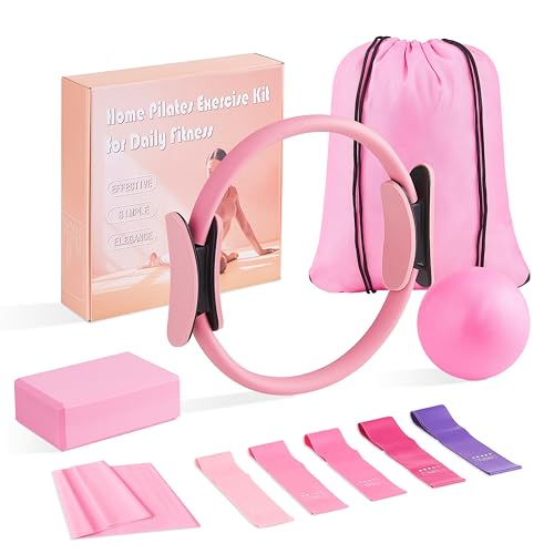 Pilates Kit, Home Workout Equipment for Women | Pilates Ring and Ball, Resistance Bands, Yoga Block, Elastic Band, Fitness Bag for Home Workouts - color: Pink