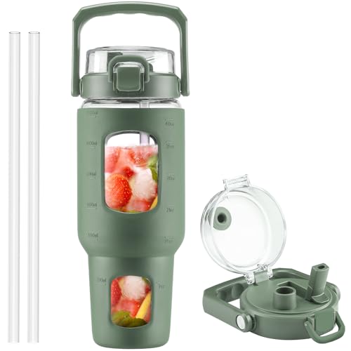 BLUEGO 40 oz Glass Water Bottle with Straw, Leakproof and Time Marker, Wide Mouth for Travel, Gym, Workout, Olive - color: Olive, size: 40 Ounces