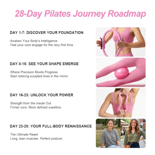 Home Pilates Ring and Ball Set for Women with 5 Resistance Bands 13 inch Magic Circle Workout Starter Kit for Beginners Full Body Toning 15 Min Daily Routine - color: All Pink