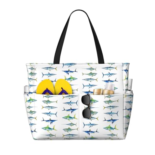 Large Beach Bag for Women Waterproof Foldable Travel Shoulder Tote Bag with Pocket for Weekender Pool Vacation - color: Fish White