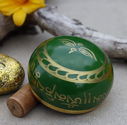 DharmaObjects Tibetan Meditation Om Mani Singing Bowl/Cushion/Mallet (Green) - color: Green, size: Small