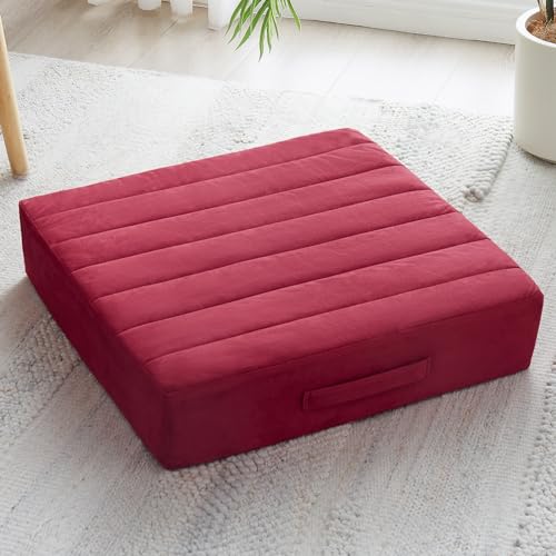 JKMAX 22 inches Floor Pillow for Adults - Large Meditation Cushion with Thick Foam & Soft Tufted Cover - Premium Outdoor Square Floor Cushion Seat - Yoga Pillows for Sitting On Floor - Burgundy - color: Burgundy, size: 1 Count