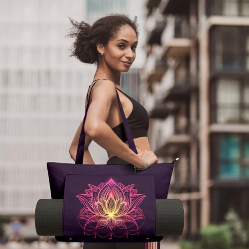 Yoga Bag for Women, Large Canvas Yoga Mat Tote Bag with Yoga Mat Carrier | Large Mat Pocket Fitness Tote for Pilates, Gym, Travel, Office & Beach - color: Purple Flower