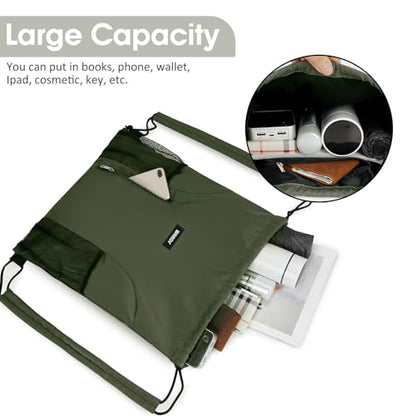 WANDF Drawstring Backpack, Gym String Bag with Shoulder Pad - color: M, Dark Green, size: Medium