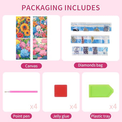 PERFECTSIGHT Cute 5D Diamond Art Kits, Kawaii DIY Painting Art for Adults Teen, 4 Pack Diamond Arts and Crafts Sets, Big Gem Full Drill Diamond Dots for Women (Multicolor Flowers) - style: Multicolor Flowers