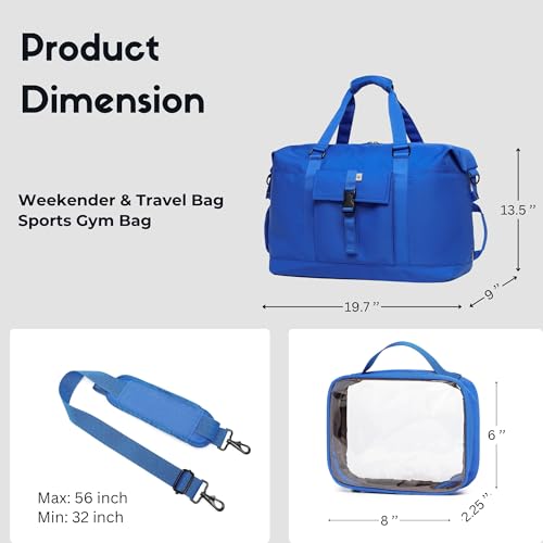 SUNNY BIRD Duffel with Utility Pouch, 40L Weekender Overnight Bag with Shoe Compartment for Travel and Sports (Blue) - color: Blue