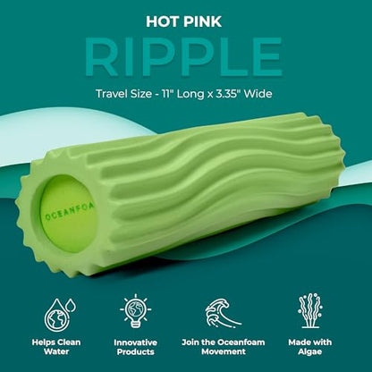 Oceanfoam Ripple Travel Foam Roller (11" x 3.35") Firm Mini Foam Roller for Physical Therapy, Deep Tissue Massage, Back Pain - High Density, Ergonomic Wave Textured - Yoga, Exercise (Algae Green) - color: Algae Green