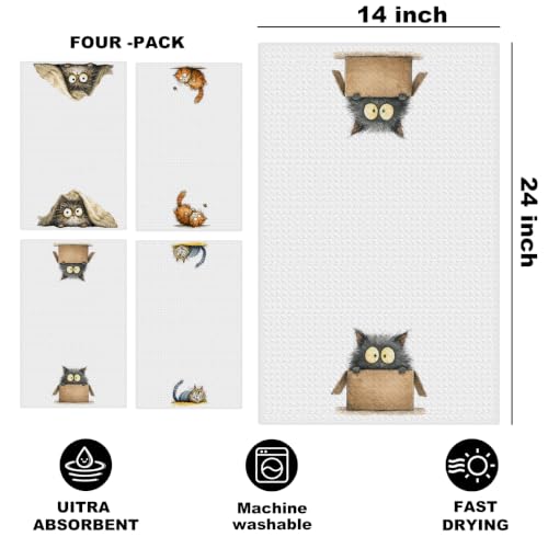 4 Pcs Funny Cat Kitchen Towels, Cute Cats Gifts Reusable Hand Towels-09 - color: Multi 1626