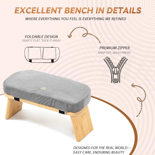 Bamboo Meditation Bench, Foldable Prayer Stool (Grey) | Meditation Kneeling Bench, Seiza Prayer Bench, Prayer Bench with Meditation Cushion, Kneeling Prayer Stool for Home - color: Grey