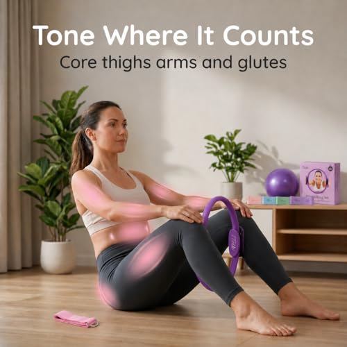 Pilates Ring and Ball Set with Video Tutorials, 10-in-1 Home Pilates Kit - color: Sunset Purple
