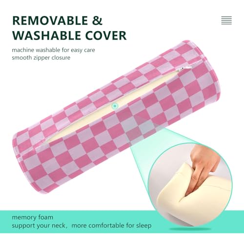 Checkered Pink Neck Roll Pillow Bolster Round Health Memory Foam Long Cervical Cylinder Pillows with Removable Washable Cover for Body Bed Legs Back Yoga - color: Checkered Pink