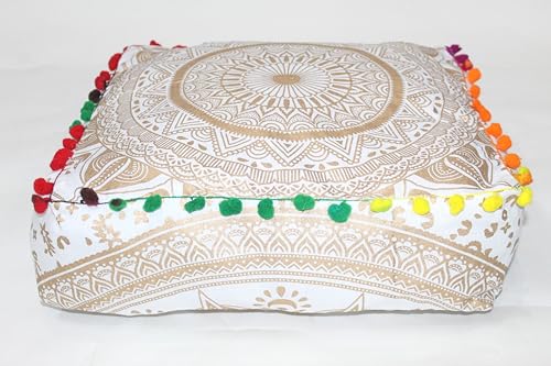 INDIAN CRAFT CASTLE ICC Mandala Barmeri Large Floor Pillow Cover Cushion Meditation Seating Ottoman Throw Cover Hippie Decorative Zipped Bohemian Pouf Ottoman Cases White Gold Matellic 16" Square