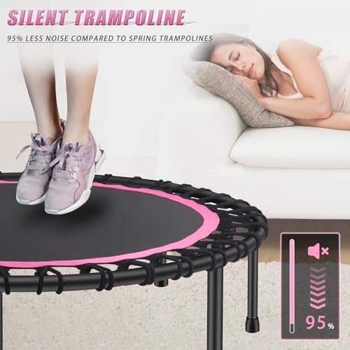 Newan 40"-48" Silent Mini Trampoline Fitness Trampoline Bungee Rebounder Jumping Cardio Trainer Workout for Adults-Max Limit 330lbs - color: 48" Round Pink (have Handle)