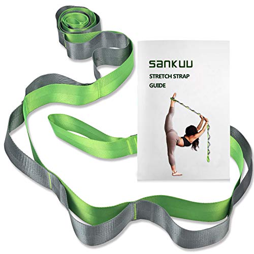 SANKUU Yoga Straps Stretching Strap with 12 Loops Workout Poster, Straps for Stretching Physical Therapy Equipment Long Stretch Out Bands for Exercise, Pilates and Gymnastics for Women Men - color: Green+Grey