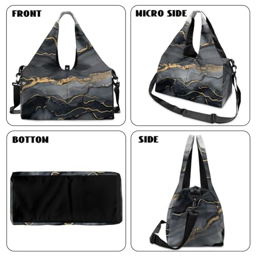 Yoga Gym Bag with Removable Adjustable Shoulder Strap, Shoe Compartment & Top Yoga Mat Holder 17.72x8.66x9.84in - color: Black Marble Textured Print