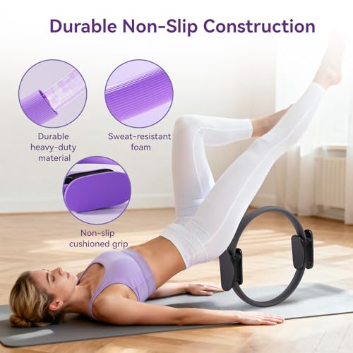 Pilates Kit for Women,15 Inch Magic Circle, 6 Multi-Level Resistance Bands,Yoga Ball Socks, Back Neck Stretcher ,14-Piece Full Body Toning Pilates Equipment for Beginners, 15 Min Daily Routine - color: Black
