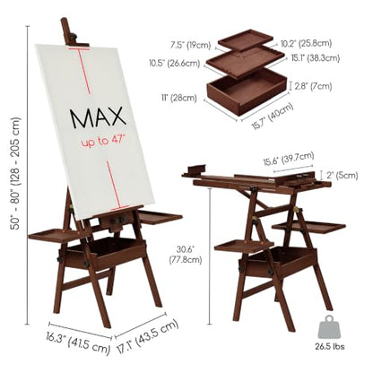MEEDEN Painting Easel with Storage and Tray: H-Frame Beech Wood Art Easel | Easel Stand for Adults, Artists, Students, Beginners - Adjustable 50"-80" H, Holds Canvas Up to 47 Inches - color: Deep Walnut
