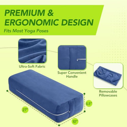 Wellsin Rectangular Yoga Bolster - Meditation Pillow with Washable Suede Cover, 27"X10" X5.5" - color: Blue