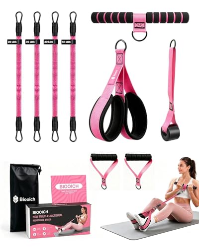 Multifunction Pedal Resistance Band with Handle, 4 Tubes 30/40/50LB Adjustable Foot Pedal Puller Resistance Band with Foam Handle& Storage for Men Women Core, Arm, Legs, Body Workout Home Gym, Pink