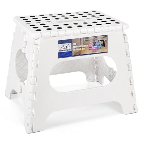 ACKO 11" Folding Step Stool for Kids, Holds 300 lb Foldable Stools, White | Heavy Duty Collapsible Foot Stool, Lightweight with Built-in Handle, Non-Slip for Adults Kitchen Bathroom Bedroom Outdoor - color: White, size: 11 Inch