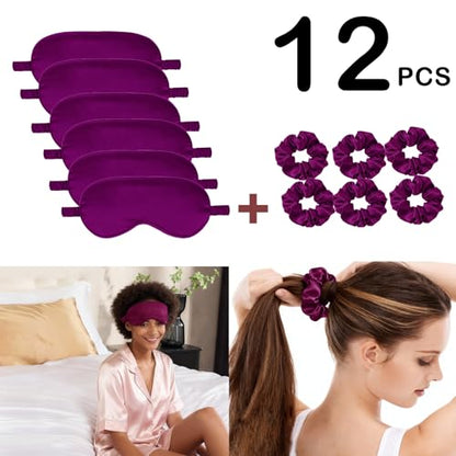 12Pcs Silk Sleep Masks Satin Eye Mask Silky Eyes Cover Blindfold Eyeshade Hair Ties Scrunchy Travel Bridesmaids Gifts - color: Plum