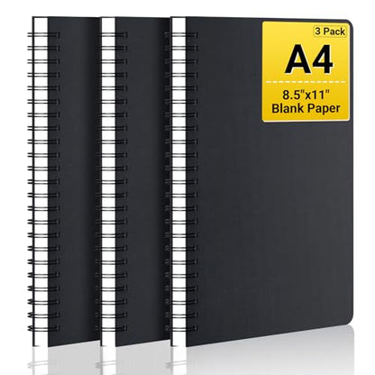 EUSOAR Blank Spiral Notebook, A4 3 Packs 8.5"x 11" Hardcover Blank Kraft Sketch Notebook Bulk，College Wirebound Memo Notepads Diary Planner Notebook Journal with Unlined Paper 120pages/60sheets - color: Black, size: A4-3 Packs