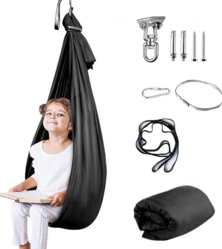 Aokitec Sensory Swing for Kids & Adult, Indoor Outdoor Cuddle Hammock Chair | Therapy swing, Special Needs, Autism, ADHD, Adjustable, Soft Nylon 300LB Capacity, 360 Swivel Hanger, All Hardware Included - color: Black
