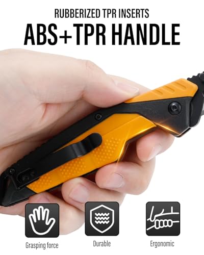 3.5" Replaceable Blade EDC Folding Hunting Knife with Dual Thumb Opener and Pocket Clip with 3 Drop Point Blades, Durable ABS and Non-Slip rubberized TPR Handle with Nylon-Holster, skinning knife - style: Orange Hunting knife
