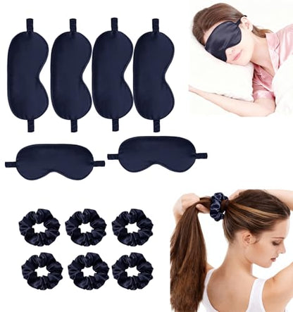 12Pcs Silk Sleep Masks Satin Eye Mask Silky Eyes Cover Blindfold Eyeshade Hair Ties Scrunchy Travel Bridesmaids Gifts - color: Navy