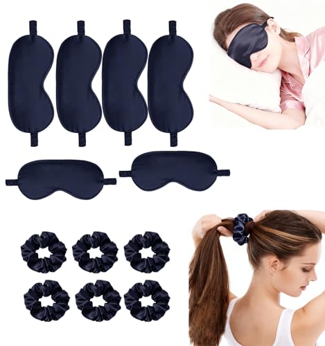 12Pcs Silk Sleep Masks Satin Eye Mask Silky Eyes Cover Blindfold Eyeshade Hair Ties Scrunchy Travel Bridesmaids Gifts - color: Navy