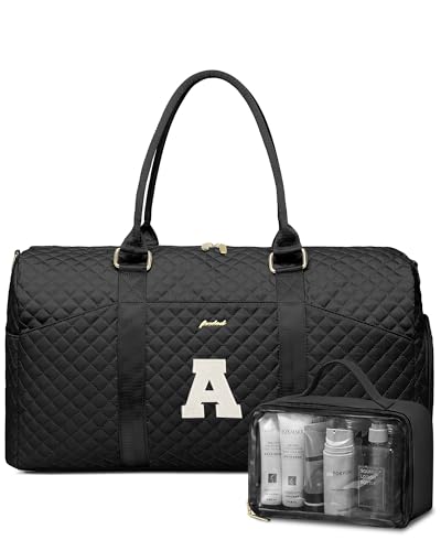 Women Weekender Travel Duffle Bag: Initial Duffel Overnight Bags with Shoe Compartment Large Carry on Tote with Toiletry Bag Weekend Traveling Yoga Gym Hospital Bag for Women with Wet Pocket Letter A - color: 15-Black Letter A, size: Large