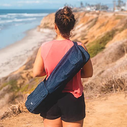 Open Road Goods Eco Friendly Yoga Mat Bag | Organic Yoga Bag For Extra Wide Mats | Yoga Mat Carrier for Men & Women: Full Zip, Adjustable Carry, Pockets, 100% Cotton Canvas - color: Denim