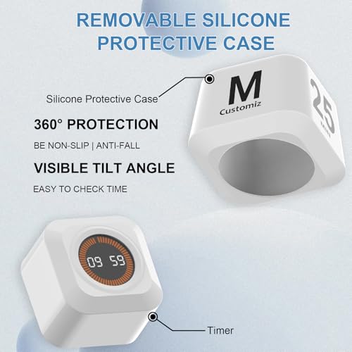 Rotating Cube Visual Pomodoro Timer 5, 25, 10, 50 Min Preset+Custom Mode | Rechargeable Desk Productivity Flip Countdown Timer, On/Off, Detachable Silicone Case, Ideal for ADHD Tool Study Work School - color: White