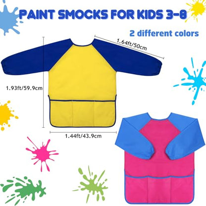 Pack of 2 Kids Art Smocks, Children Waterproof Artist Painting Aprons Long Sleeve with 3 Pockets for Age 2-6 Years | Colorful Waterproof Children Artist Smock with Long Sleeve 3 Roomy Pockets for Age 2-8 Years Gifts (Blue Pink Yellow) - color: Blue Pink Y