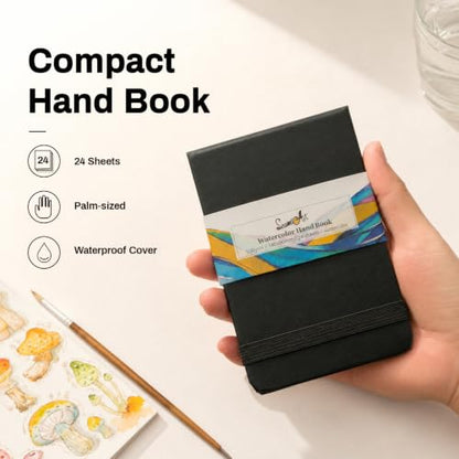 SEAMIART Watercolor Sketchbook Journal 3.5"x5.5" Travel Notebook 24 Sheets | 140 LB 300 GSM, Cold Press, Watercolor Paper Pad, Mixed Media Painting, PU Leather Cover, Acid Free, for Adults & Artists