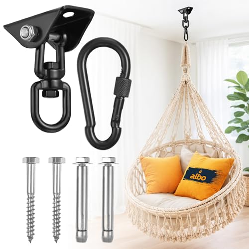 Albo 2650 LBS Ceiling Mount Swing Hanger Hook for Hammock Chair & Porch Swing, 360° Rotating Heavy Duty Bracket with Safety Carabiner, Punching Bag, Yoga Swing, TRX Strap, Garage Gym - color: Black, size: 1 Piece