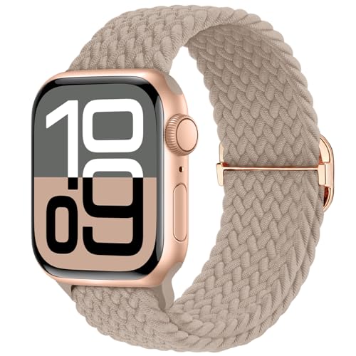 Braided Stretchy Nylon Band Compatible for Apple Watch Bands Women Men - color: MilkTea, size: 44mm/45mm/46mm/49mm
