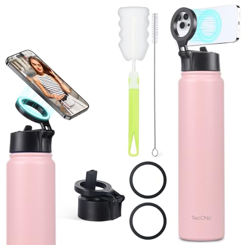 Insulated Water Bottle with Magnetic Phone Holder Compatible with MagSafe and iPhone,Double-Sided Magnet,Hot 12H Cold 24H,Stainless Steel Water Bottle Phone Mount for Sports Travel,24oz (Pink) - color: Pink