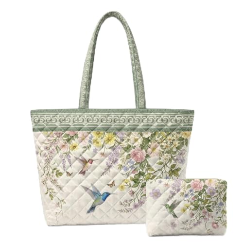 Quilted Tote Bag 2 Pack, Women's Tote Handbags for Work Travel - color: Mint Hummingbird Bronze