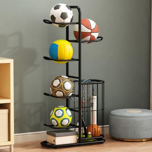 Sports Ball Storage Rack | Adjustable Vertical Stand for Basketball, Soccer, Volleyball & More | Durable Steel Organizer for Garage |5-Ball |45.7 inches, black - size: 5-Balls with Basket