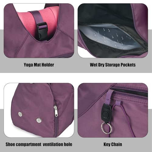 Forestfish Gym Bag For Women With Yoga Mat Holder, Purple | Shoe Compartment, Wet Dry Storage Pocket, Removable Shoulder Strap, Lightweight & Water Resistant - color: Purple