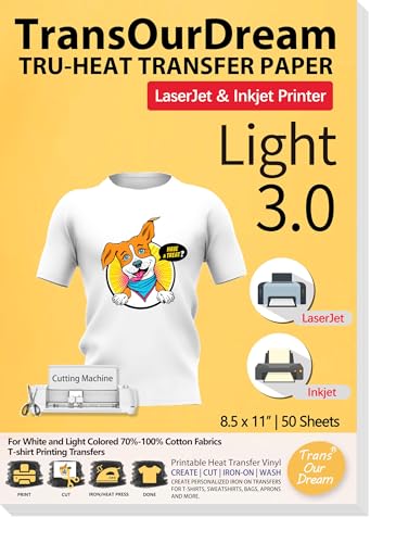 TransOurDream Tru-Heat Transfer Paper for Inkjet & LaserJet Printer (50 Sheets 8.5x11, 3.0) Printable HTV Heat Transfer Vinyl for T Shirts Iron on Transfers for Light Fabrics - color: Light, size: 50 Sheets