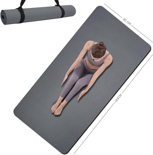 Yoga Mat Double-Sided Non Slip, 72'' x 32'' x 7mm - Extra Wide & Thick Yoga Mat for Women Men Kids, Professional TPE Yoga Mats for Home Workout, Yoga, Pilates and Floor Exercise, with Carrier Strap - color: Gray
