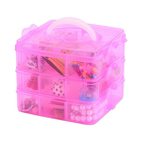 Kamay's Medium 3 Tier Stackable Adjustable Compartment Slot Bead Craft Jewellery Tool Storage Organiser Snap-lock Tray Container, with 18 Compartments, Container Box Pink - style: Medium 3 Tier 18 Compartments pink