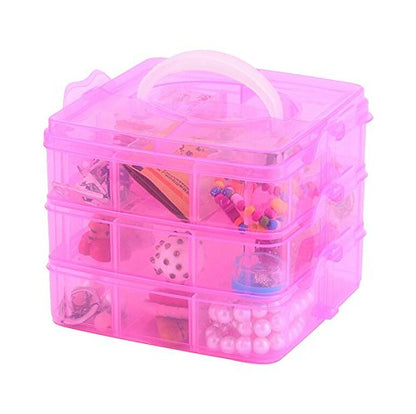 Kamay's Medium 3 Tier Stackable Adjustable Compartment Slot Bead Craft Jewellery Tool Storage Organiser Snap-lock Tray Container, with 18 Compartments, Container Box Pink - style: Medium 3 Tier 18 Compartments pink