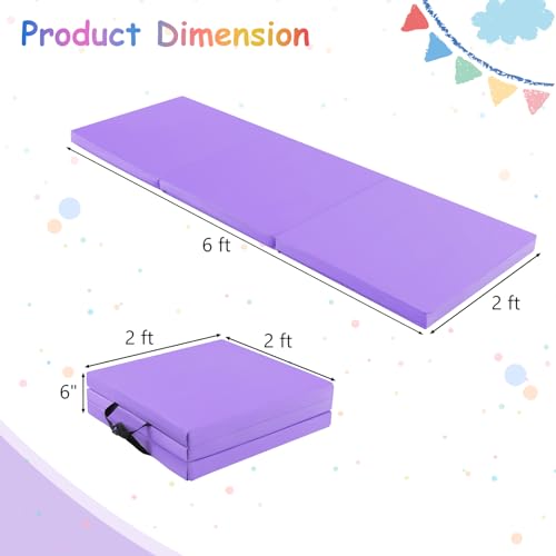 Giantex 6'x 2' Gymnastics Mat, 2" Thick Folding Tumbling Mat with Hook and Loop Fastener, Foldable Gym Mat with Carrying Handles, Cheer Mats for Kids Adults Home Exercise Aerobics Fitness - color: Purple