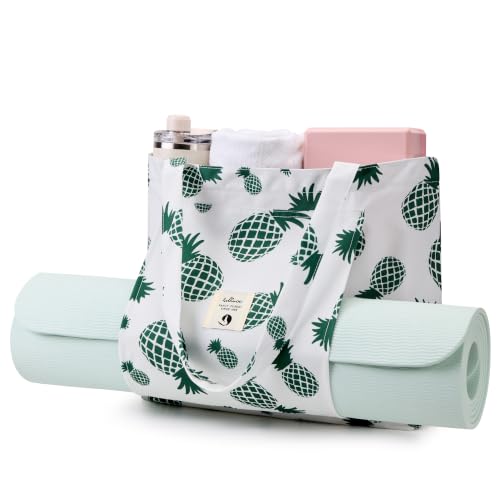 WLLWOO Yoga Mat Carrier Bag for Women Canvas Carryall Tote Gym Pilates | Large Holder Zipper Shoulder for Beach Travel Workout Fitness Office - color: Pineapple
